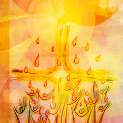Holy Spirit, Pentecost or Confirmation symbol with a dove, people and tongues of flame or fire. Abstract modern religious digital illustration background