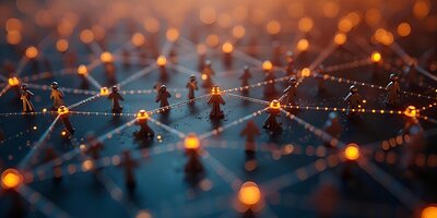 Figuren mit erleuchteten Köpfen bilden ein Netz