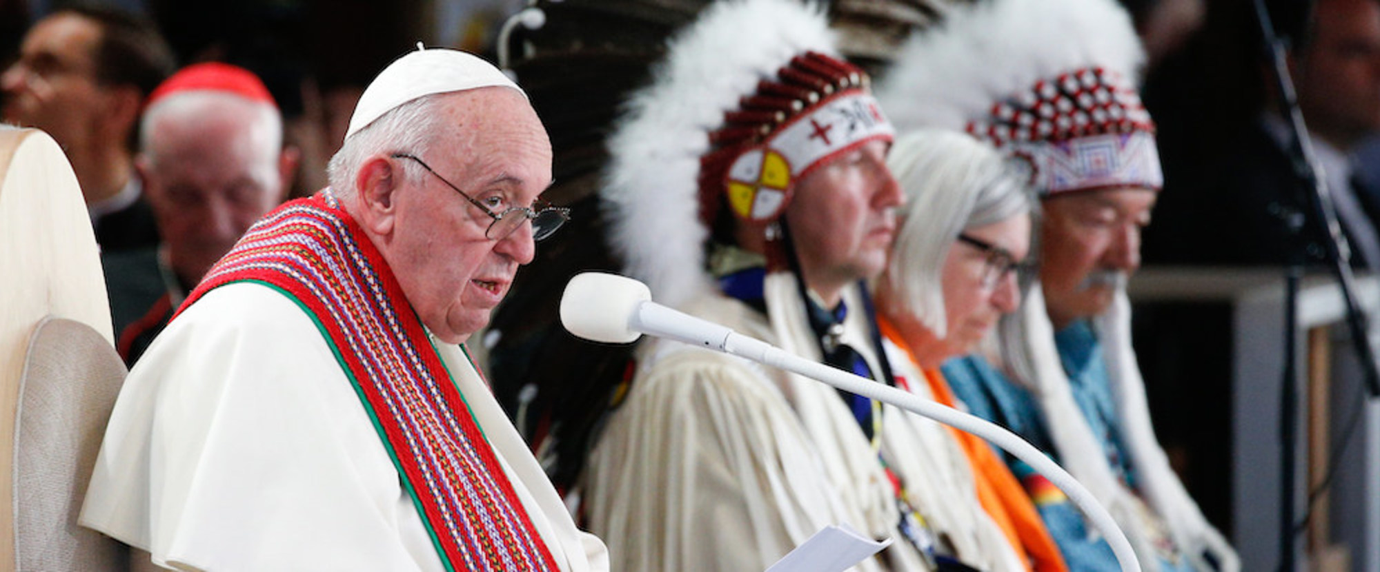 Papst Franziskus spricht in einem Wortgottesdienst bei einer Pilgerfahrt am Lac Sainte Anne (Kanada) am 26. Juli 2022.