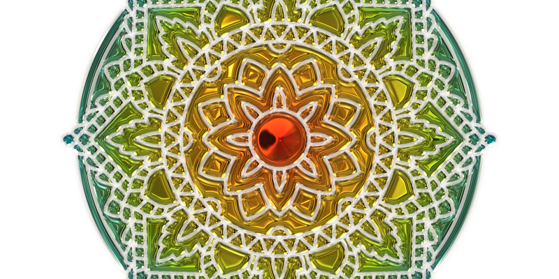 Mandala aus Mosaik, in der Mitte ein roter Kreis der als Stern ausstrahlt, Farben wechseln von rot gelb bis in grün blau