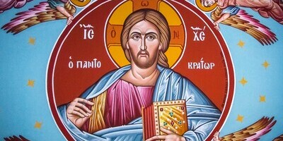 Jesus als Weltenherrscher mit dem Buch, farbige Ikone
